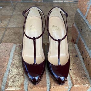 Authentic Christian Louboutin Ditassima Burgundy Patent Leather T-Strap Heels